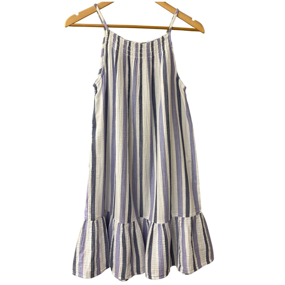 Beach Lunch Lounge Camila Striped Cotton Gauze Dress Nautical Ruffle Hem Medium